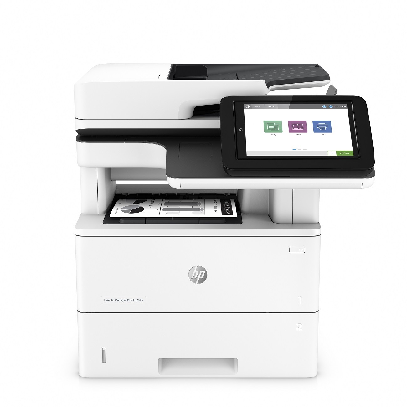 LaserJet Enterprise Flow MFP M527, Center, Front, with output